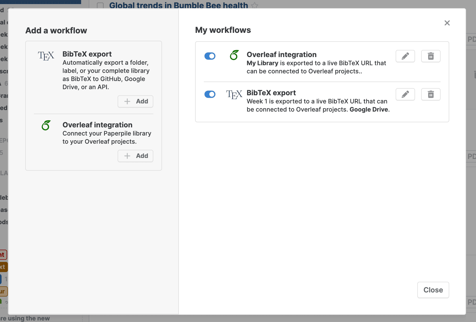 The Workflows and Integrations window with “Add a workflow” cards on the left and “My workflows” on the right listing an active Overleaf integration and an active BibTeX export, each with edit and delete buttons.